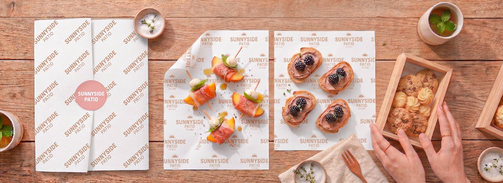 Custom printed food wrap paper on a catering table