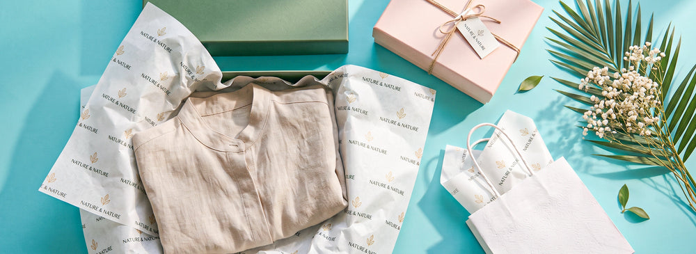 Custom logo tissue paper wrapping a linen shirt