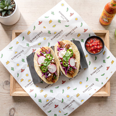 Tacos on branded food wrap paper