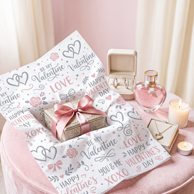 Valentine's gift box wrapped in printed tissue paper